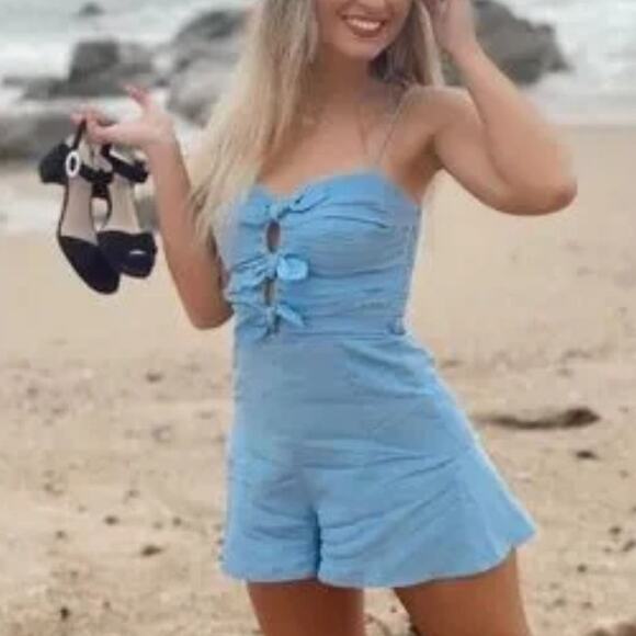 Zara Cut Out Bow Front Romper Linen Blend Chambray Blue Blogger Fave Womens S - Picture 2 of 12